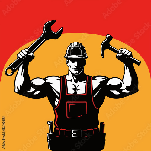 Strong Construction Worker with Wrench and Hammer