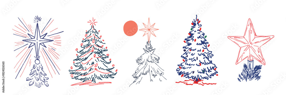 Obraz premium Christmas tree doodle set of hand-drawn festive holiday illustrations