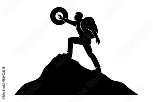 Silhouetted hiker on a mountain peak, reaching towards a distant goal - achievement symbol