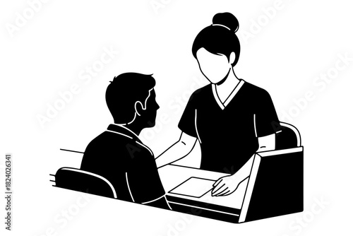 Patient Consultation at the Reception Desk A Black and White Illustration