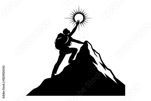 A lone adventurer's silhouette on a mountain summit, symbolizing the journey to success and reaching for goals