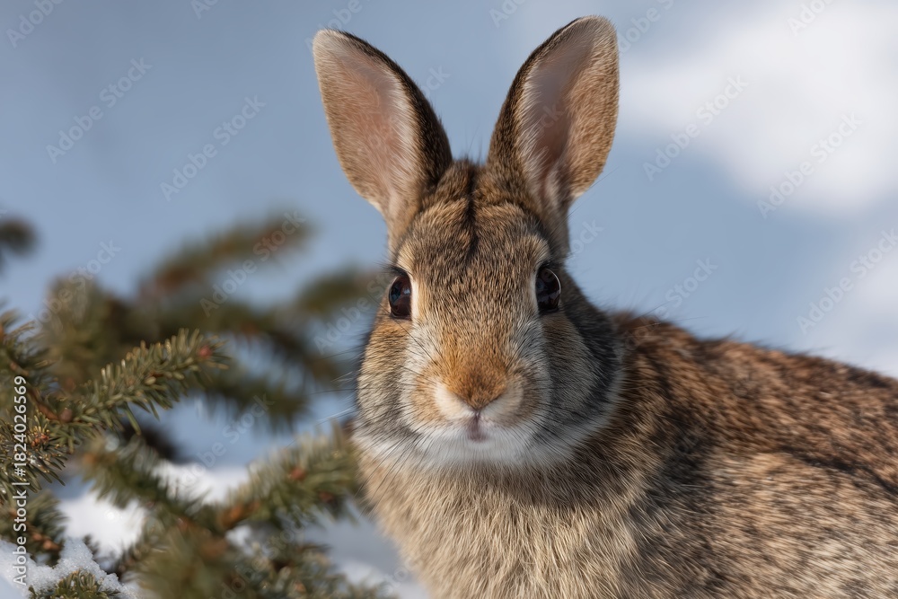 Fototapeta premium Close-up portrait of a wild eastern cottontail rabbit in the snow. Cute brown bunny looking at the camera during winter. Wildlife animal in its natural habitat