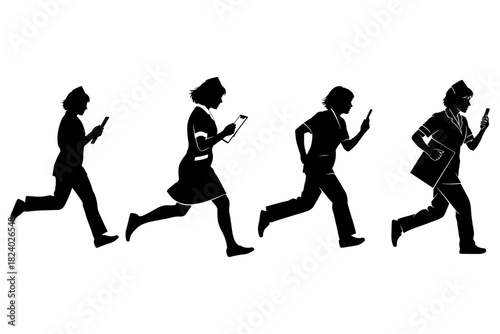 Dynamic silhouettes of a medical team running while looking at their phones, illustrating the busy, tech-driven world of modern healthcare
