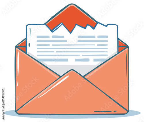 Open orange envelope with torn paper letter inside, illustrated communication concept