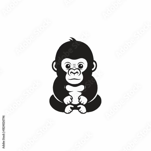 Cute Baby Gorilla Sitting Down Black and White Illustration.