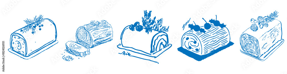 Naklejka premium Christmas yule log dessert doodle set of hand-drawn festive holiday illustrations