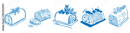 Christmas yule log dessert doodle set of hand-drawn festive holiday illustrations