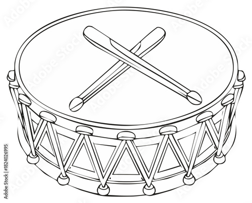 Line art illustration of a snare drum with drumsticks, music instruments, musical art, percussion design