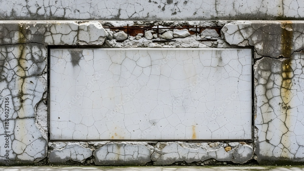 Naklejka premium Aged Cracked Concrete Texture with Central Blank Panel perfect for Website background, graphic design element, social media post, presentation backdrop, texture