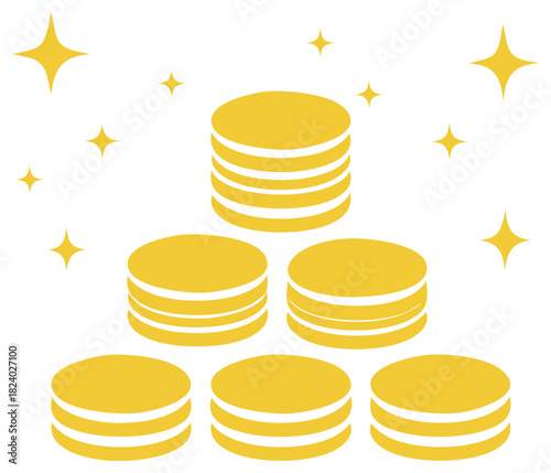 Sparkling gold coins stacked in a pyramid. Flat vector illustration of money, wealth, and success.
