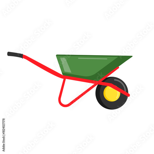 Green wheelbarrow gardening tool isolated on white background