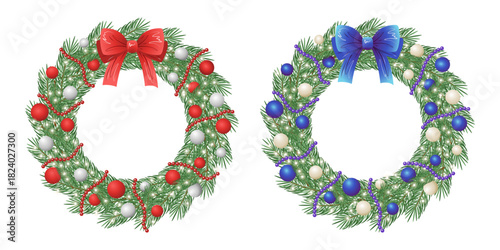 Set of Christmas pine wreath with bow and ornaments. Vector illustration