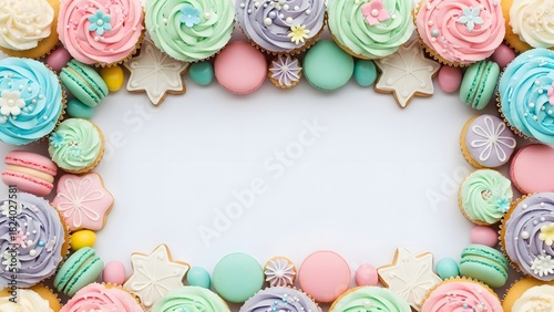 Pastel Sweets & Cupcakes Frame on White Background perfect for website banner, social media post, greeting card, invitation design, recipe blog, menu background