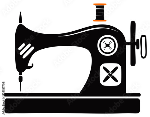 Classic Sewing Machine Illustration with Thread Spool and Bobbin Design, Quilting and Tailoring Concept