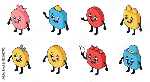 Colorful cartoon characters with playful expressions and varied hats