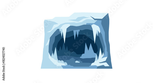 Icy cave entrance with sharp stalactites in geometric style