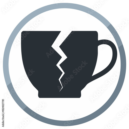 Dark broken cup icon symbolizing damage, stress, failure, or relationship termination within a circle.