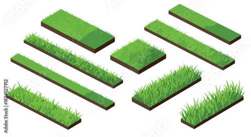 Isometric green grass turf blocks for landscaping and game design