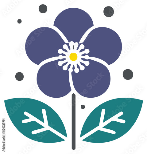 Simple stylized violet flower icon with green leaves Decorative floral graphic in a flat minimalist style