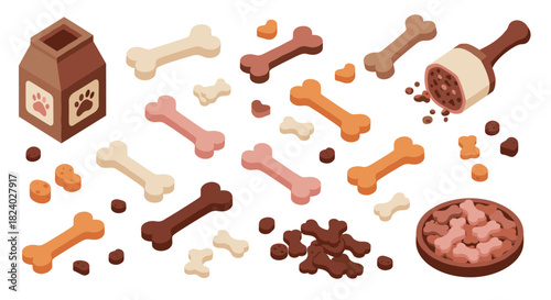 Collection of isometric dog treats and bones in various colors and shapes