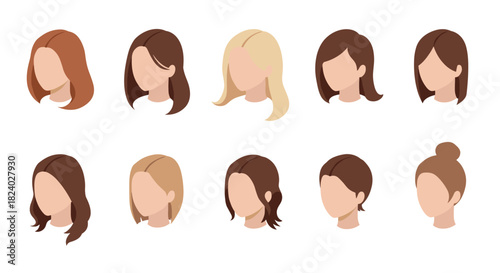 Diverse hairstyles collection of women in flat design on white background