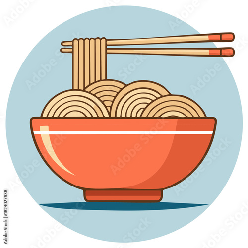 Chopsticks holding tasty noodles above a vibrant orange bowl, Asian cuisine simple vector illustration.