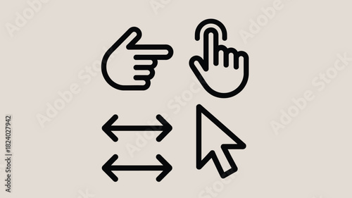 Illustration of hand pointing left, hand tapping, arrows pointing left right, and mouse cursor icon