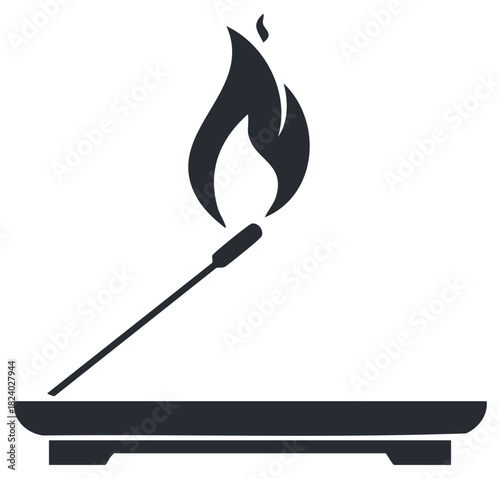 Burning match with fire flame on a small tray. Icon design for illustrations.