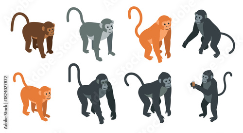 Playful cartoon monkeys in various poses and colors on white background