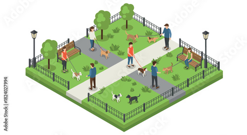 Isometric dog walkers in park scene with trees and benches