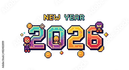 Celebrate New Year 2026 with fun pixel art characters and vibrant retro vibe