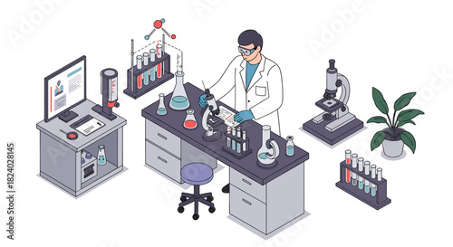 Scientist in lab analyzing samples with modern equipment and technology