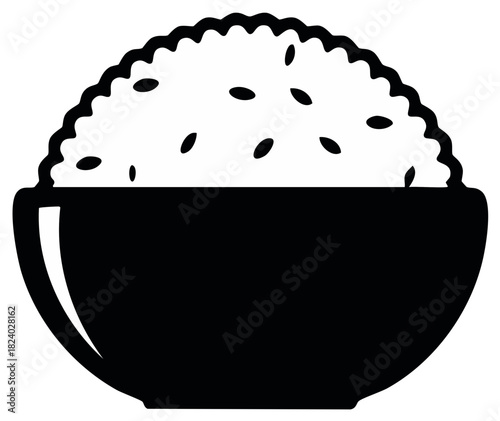 Classic black and white graphic icon of a bowl of fluffy white rice with sesame seeds for a meal