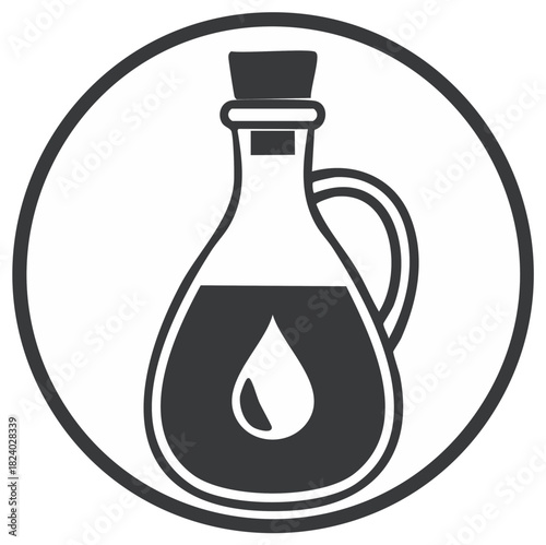 Minimalist olive oil carafe icon with cork stopper and liquid drop symbol in a circle