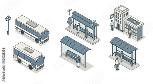 Isometric cityscape with buses and bus stops