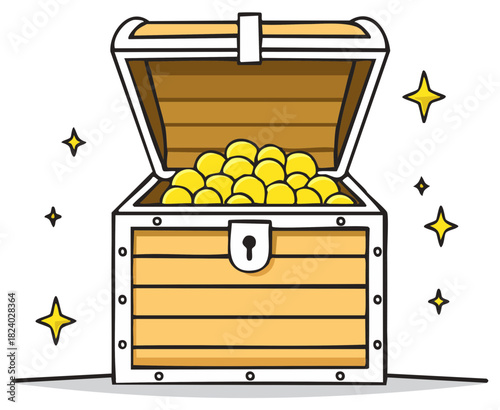 Cartoon Illustration of Open Treasure Chest Overflowing with Golden Coins and Bright Sparkles