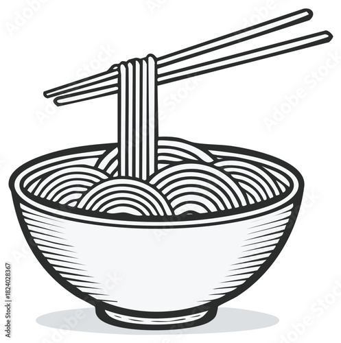 Stylized Line Art of Chopsticks Picking Up Noodles from a Bowl