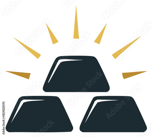 Illustrative icon of gold bars radiating light, representing wealth, finance, and investment.