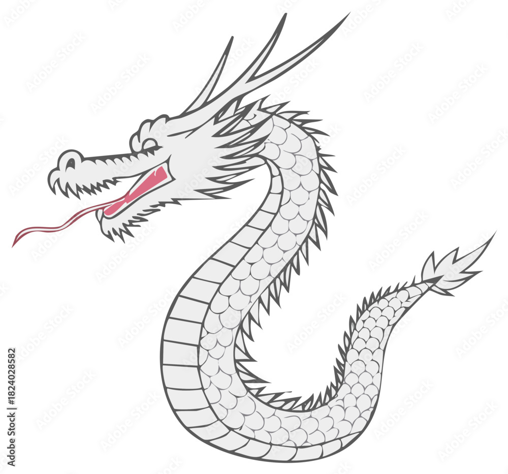 Obraz premium Majestic white Asian dragon with scales and a long tongue mythical creature illustration