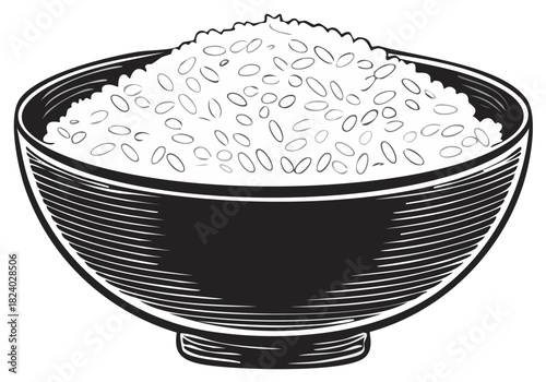 Bowl of Rice Vector Illustration, Engraved Style, Monochrome Food, Diet