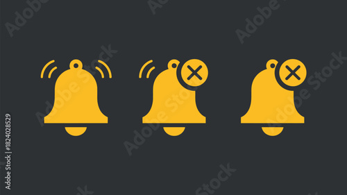 Three yellow notification bell icons with varying states on a dark gray background in a row format