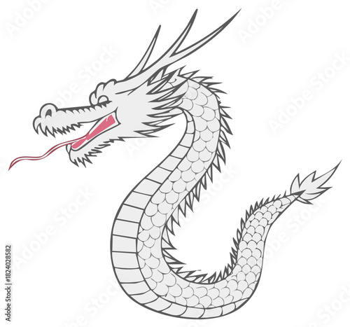 Majestic white Asian dragon with scales and a long tongue mythical creature illustration