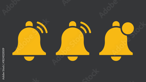 Three gold notification bell icons with sound waves and new message indicator on a gray background