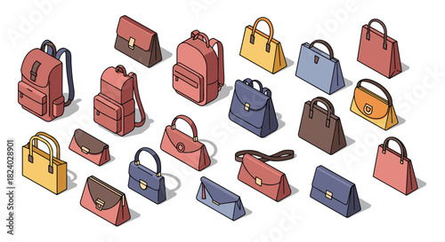 Collection of stylish isometric bags in various colors and designs