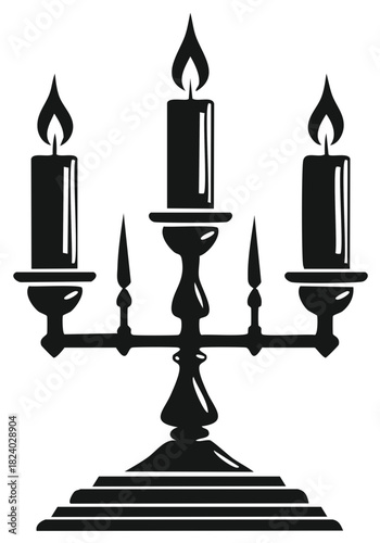 Elegant three arm candelabra with burning candles vintage decorative design silhouette icon