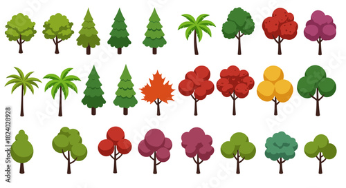Diverse stylized trees collection in flat design featuring seasonal and tropical variations