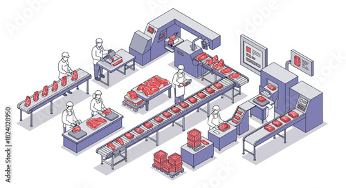 Isometric meat processing plant assembly line with workers and conveyor belts