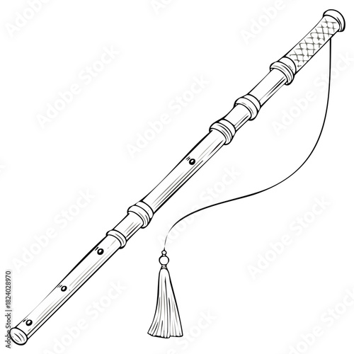 Elegant line art drawing of a traditional Asian woodwind flute with an ornate tassel