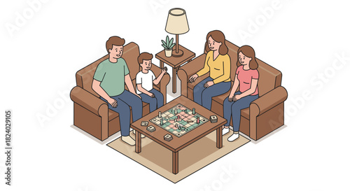 Family game night in living room with cozy decor and board game enthusiasts
