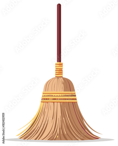 Vector illustration of a traditional straw broom with a long handle for sweeping and cleaning
